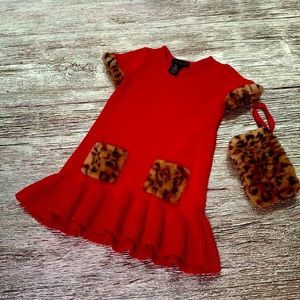 Girls Red Dress with Leopard faux fur detail